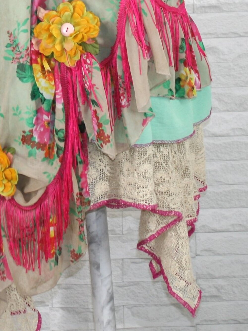 HAND CRAFTED Overalls Denim Jean Dress Upcycled Retro Boho Floral Pink Large - Picture 7 of 16
